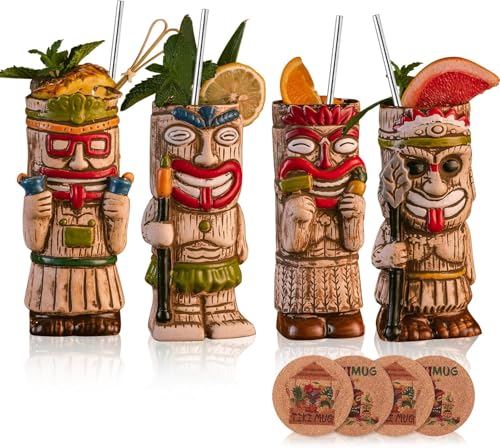 USEEKRIL Cocktail-Tiki-Becher, 4er-Set – exotischer, mattierter Becher mit 4 Strohhalmen und Untersetzern, süße Cocktailgläser aus Keramik für Partys im Hawaii-Stil USEEKRIL Cocktail-Tiki-Becher, 4er-Set – exotischer, mattierter Becher mit 4 Strohhalmen und Untersetzern, süße Cocktailgläser aus Keramik für Partys im Hawaii-Stil von USEEKRIL