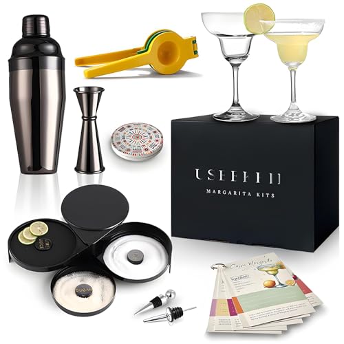 USEEKRIL Margarita-Set – Set mit 2 Margarita-Gläsern (240 ml), 3-stöckiger Salzstreuer, Cocktail-Shaker und Messbecher, Untersetzer, Cocktailkarten, Zitruspresse und mehr, Margarita-Set, Geschenkset von USEEKRIL