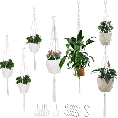 6er Set Makramee Blumenampel,Boho Deko Baumwollseil Hängeampel Pflanzen Aufhängung,Blumentopf Pflanzen Halter Aufhänger Blumenampeln zum Aufhängen für Innen Außen Garten Balkone Wanddeko (3 Längen) von USENG