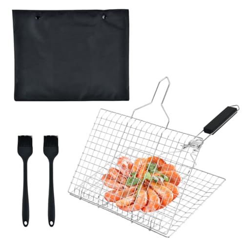 USENG Edelstahl Grillkorb Set mit 2 Bürsten & 1 Oxford-Tasche,Faltbarer Tragbarer Fisch Grillhalter Fischbräter Grill Korb mit Griff,Grillen Zubehör für Fisch Gemüse Steak Garnelenkoteletts (32x22cm) von USENG