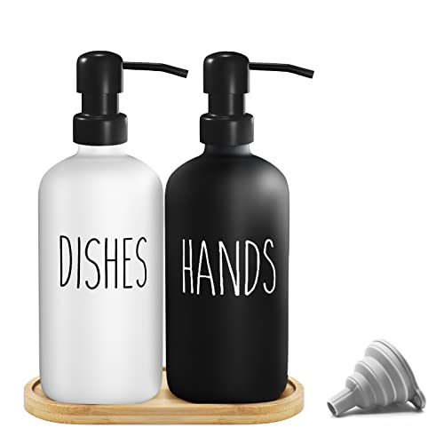 USHYPRI Seifenspender küche Set Schwarz Weiß Matt, Flaschen-spülmittelspender küche mit Tablett-Shampoo Spender zum Befüllen von USHYPRI