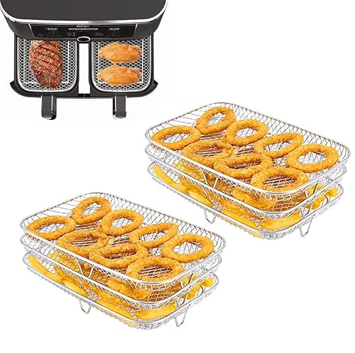 USMEI Heißluftfritteuse Zubehör, Dual Zone Heißluftfritteuse Grillrost, Edelstahl Dampfgarer Ständer with 3 Layers, Multifunktional Stapelbar Zubehör Kompatibel Mit Ninja Foodi DZ201 DZ401 von USMEI
