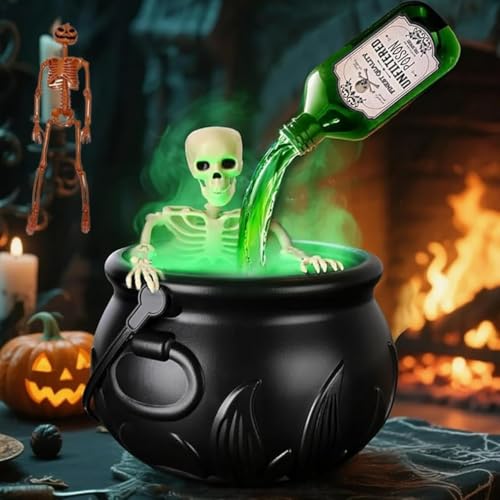 USMEI Hexenkessel Groß Halloween Hexenkessel Mit Nebel DuftzerstäUber Mit Schwebenden ZauberträNke Flaschen Deko FüR Gruselhaus Innenbereich AußEnbereich Haus Garten (19.5cm, Mit Totenkopf) von USMEI