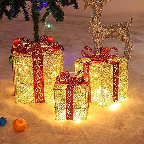 USMEI Led Weihnachtenbox, 3er Set Weihnachten Geschenke Leucht Boxen, Weihnachtsbaumschmuck, Weihnachten deko, Warmes Licht, Eisenkunst, 15/20 / 25cm(Keine Batterie) von USMEI