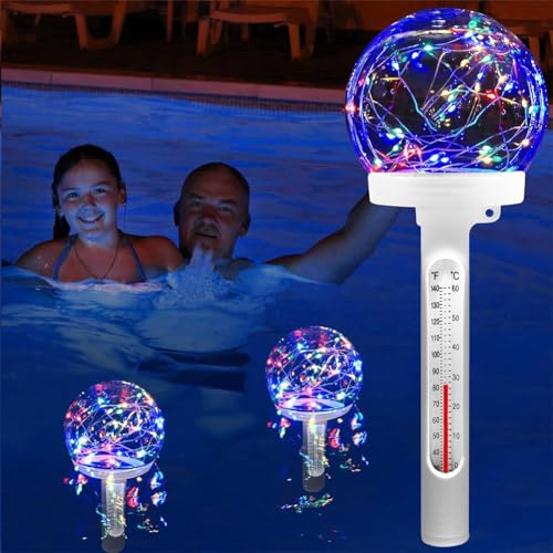 USMEI Solar Schwimmende Poolthermometer mit LED Farbig Licht, Pool Thermometer Schwimmend, Leicht Ablesbar bei Nacht, Pool Thermometer Aussen Solar für Teich Whirlpool Pool Nachts von USMEI