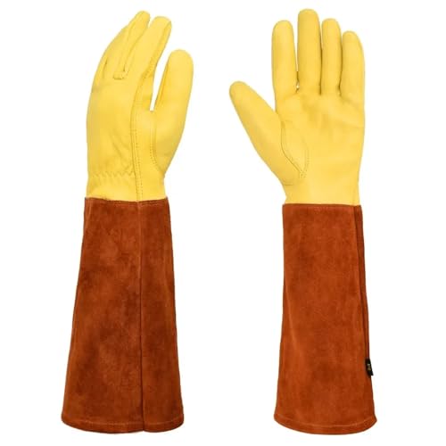 USOHJZ Gartenhandschuhe S-XL RindslederLangschlauch-Gartenhandschuhe Hochleistungs-Gartenarbeits-Rosenbesatz Spornsichere Langarmhandschuhe Arbeitsschweißhandschuhe Arbeitshandschuhe Herren(Brown,L) von USOHJZ