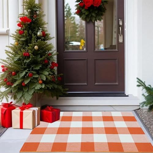 USTIDE Buffalo Check Plaid Fußmatte Orange und Weiß 60 x 90 cm handgewebte Baumwolle Plaid Teppiche Bauernhaus mehrlagige Tür perfekt für Haustür Veranda Outdoor Teppich von USTIDE