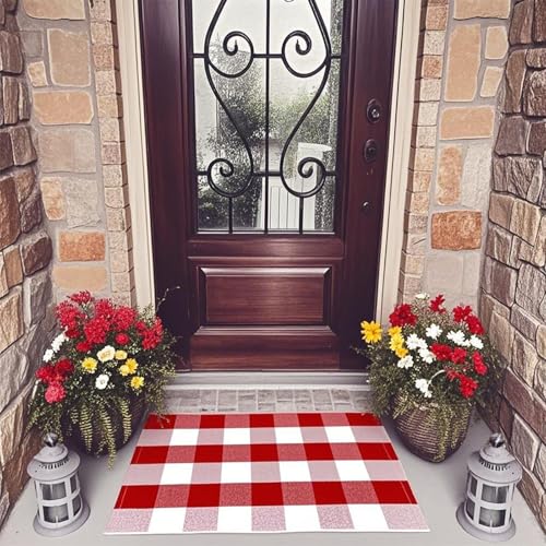 USTIDE Buffalo Check Plaid Fußmatte Rot und Weiß 60 x 90 cm handgewebte Baumwolle Plaid Teppiche Bauernhaus mehrlagige Tür perfekt für Haustür Veranda Outdoor Teppich von USTIDE