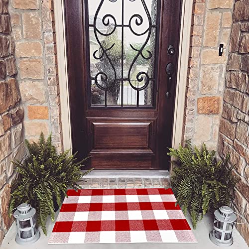 USTIDE Buffalo Check Plaid Fußmatte rot und weiß 60 x 90 cm Weihnachten Haustür Teppich handgewebte Baumwolle Plaid Teppiche Bauernhaus geschichtete Tür perfekt für Veranda Outdoor Teppich von USTIDE