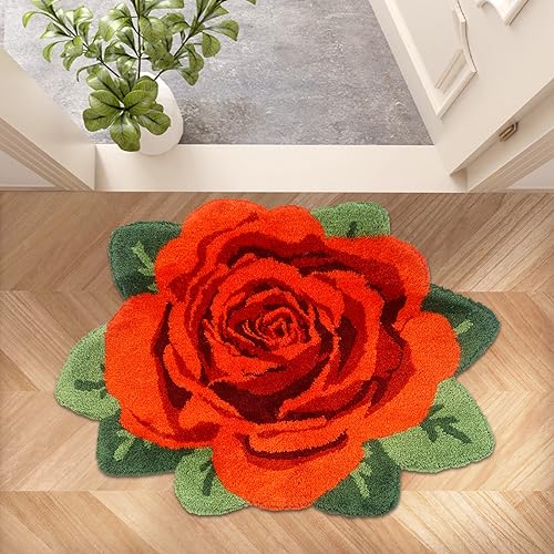 USTIDE Flauschiger Rosenteppich, weicher Rosen-Badteppich, handgefertigt, Fußmatte, Teppich, moderne Teppiche, waschbare Bodenmatte für Badezimmer, Veranda, Tür, Hochflor von USTIDE