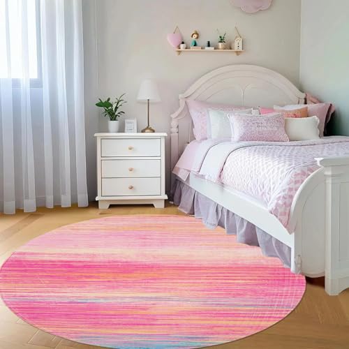 USTIDE Großer Regenbogen-Teppich, rund, 150 cm, waschbar, Kinderteppich, rosa Streifen, bequem, Schlafzimmer/Wohnzimmer/Klassenzimmer/Mädchenzimmer von USTIDE