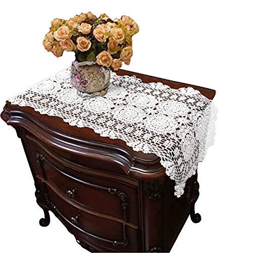 USTIDE Handgefertigter Häkel-Tischläufer, 39 x 80 cm, weiße Baumwolle, Spitze, Tischset, Kommode, Nachttisch, Schals für Schlafzimmer, Deckchen von USTIDE