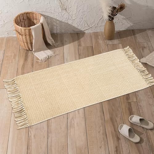 USTIDE Handgewebter natürlicher Bauernhaus-Teppich, cremebraun, wendbar, weiche Baumwolle, Bodenmatte, Veranda, Eingangsbereich, langer Flurläufer, 60 x 130 cm von USTIDE