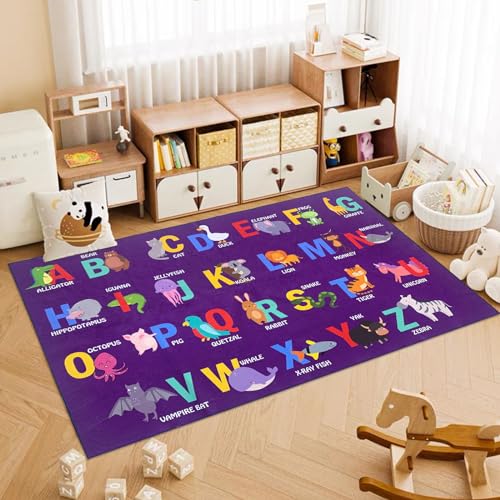 USTIDE ABC Alphabet-Kinderteppich, 120 x 180 cm, violett, niedlicher Tierbuchstaben-Teppich, rutschfest, waschbar, Cartoon-Bodenmatte für Klassenzimmer, Spielzimmer, Schlafzimmer, Wohnzimmer von USTIDE