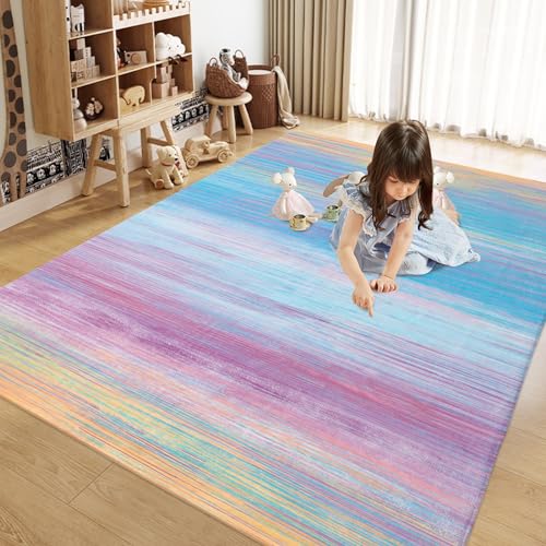 USTIDE Regenbogen-Teppich, 139,7 x 198,1 cm, bunter Kinderteppich, blaue Linien, gestreift, weicher Mädchen-Schlafzimmerteppich, flauschig, Mädchenzimmer-Dekor USTIDE Regenbogen-Teppich, 139,7 x 198,1 cm, bunter Kinderteppich, blaue Linien, gestreift, weicher Mädchen-Schlafzimmerteppich, flauschig, Mädchenzimmer-Dekor von USTIDE