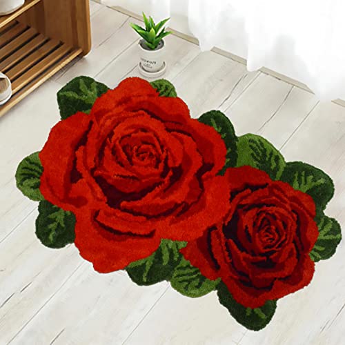 USTIDE Rose Badteppich 2 x 3, rot, Badezimmerteppich, zotteliger Blumenförmiger Teppich, Plüsch, wasserabsorbierender Teppich für Küche, Waschtisch, Badewanne, waschbar, Hochflor-Fußmatte von USTIDE