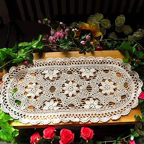 Ustide Tischläufer aus Baumwolle, handgehäkelt, oval, auch Platzdeckchen oder Tablettauflage, 30 x 70 cm, beige von USTIDE