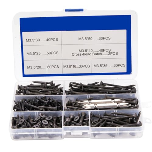 UTHCLO 282 Stück Teiliges Schraubenset Hochfeste Schwarze Metall Trockenbauschrauben mit Feingewinde und Trompetenkopf Inklusive Transparenter Aufbewahrungsbox Geeignet für Holz und von UTHCLO