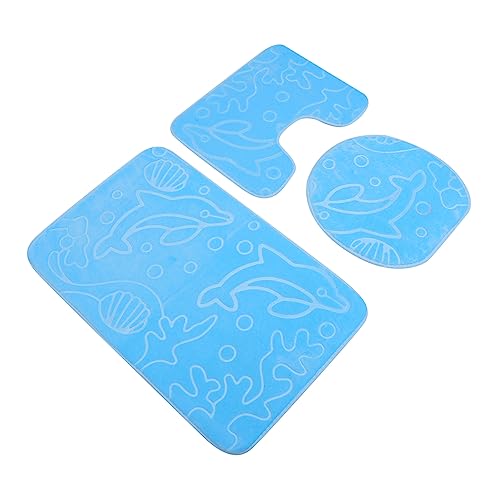 UTHCLO 3 Stück Teiliges Cartoon Badezimmermatten Set für rutschfeste Bodenmatte Wc Sitzbezug und Türmatte aus Weichem für Badezimmer Blaues Delfin Design von UTHCLO