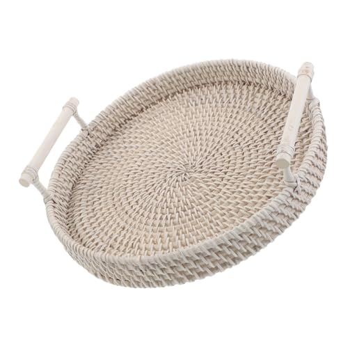 UTHCLO Ablageschale Aus Rattan Körbe Servieren Rundes Tablett Mit Griffen Weaved Korb Handgeflochtener Obstkorb Kleinigkeiten Halter Brotkörbe Gewebte Servierschale Tischkorb Weiß von UTHCLO
