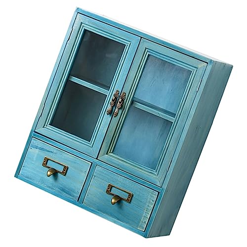 UTHCLO Retro Holz Aufbewahrungsbox mit Staubschutz Desktop Organizer für Schmuck Kosmetik Blau mit Fenster Doppellagig Platzsparend für Schlafzimmer Büro und Zuhause von UTHCLO