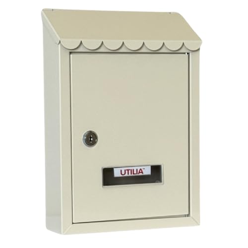 UTILIA Briefkasten Capri 21 x 6 x 30 cm, Briefhalter aus lackiertem Blech mit Dach, Schlitz oben hinten, Außenbriefkasten mit Zylinderschloss, 2 Schlüssel (Beige) von UTILIA