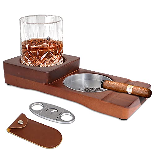 X-BLTU Hölzerner Zigarrenaschenbecher/Aschenbecher mit Whiskey Glas Tablettund Zigarrenhalter+ 1 Edelstahl Zigarrenabschneider Mit Holster,Zigarren Schneider Zigarren Cutter, Doppelte Klinge Schere von UTLB-X