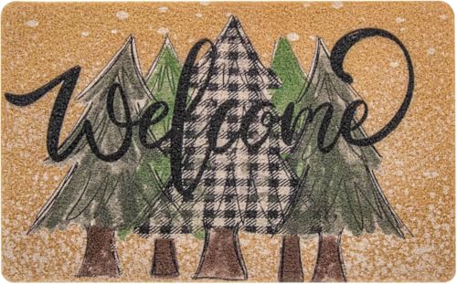 UTOWO Welcome-Fußmatte Eingangsmatte rutschfeste Kieferwald-bedruckte Fußmatte Winter verschneit Eingangsmatte Schnee-Wonderland Weihnachtsmatte (Welcome - Plaid, 43,2 x 76,2 cm) von UTOWO