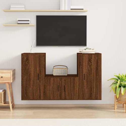 3-TLG. TV-Schrank-Set Braun Eichen-Optik Holzwerkstoff Klassischer TV-Schrank mit Wandmontage und Stauraum von UTSRABFA
