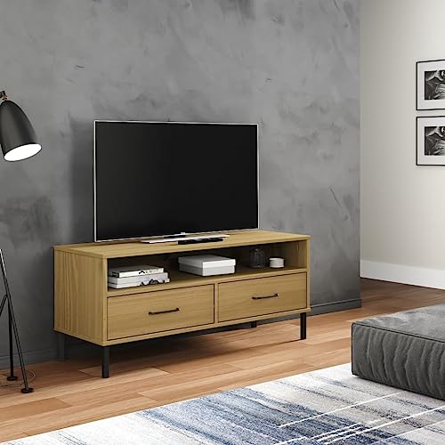 TV-Schrank Oslo mit Metallbeinen Braun Massivholz Kiefer TV-Schrank aus Kiefernholz mit Stauraum und Metallfüßen von UTSRABFA