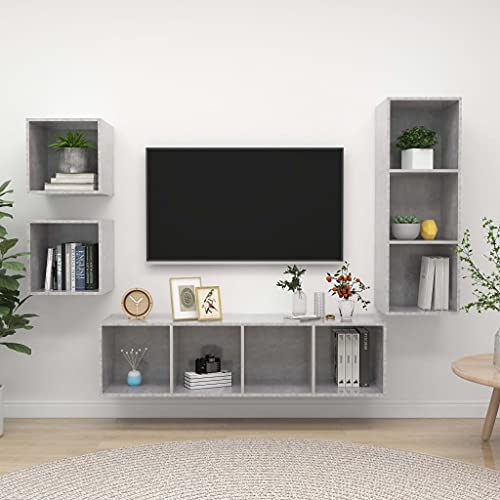 UTSRABFA 4-TLG. TV-Schrank-Set Betongrau Holzwerkstoff Wandmontierter Aufbewahrungsschrank aus Holzwerkstoff mit minimalistischem Design für Wohnzimmer und Schlafzimmer. von UTSRABFA