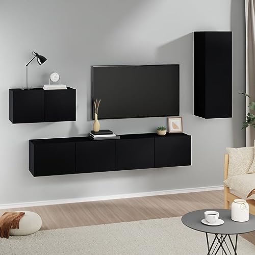 UTSRABFA 4-TLG. TV-Schrank-Set Schwarz Holzwerkstoff Modulares Wandregal mit rustikalem Holzfinish für stilvolle Aufbewahrung von UTSRABFA