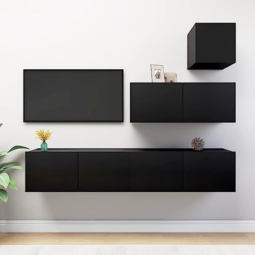 UTSRABFA 4-TLG. TV-Schrank-Set Schwarz Holzwerkstoff Wandmontierter Stauraumschrank mit minimalistischem Design und viel Platz. von UTSRABFA