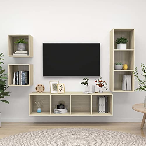 UTSRABFA 4-TLG. TV-Schrank-Set Sonoma-Eiche Holzwerkstoff Wandmontierter Aufbewahrungsschrank aus Holzwerkstoff mit minimalistischem Design für Wohnzimmer und Schlafzimm von UTSRABFA