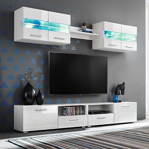UTSRABFA 5-TLG. TV-Wohnwand-Set mit LED-Leuchten Hochglanz-Weiß Wohnwand-Set mit LED-Beleuchtung, TV-Einheit und Display-Regal für Multimedia-Geräte und Dekoration von UTSRABFA