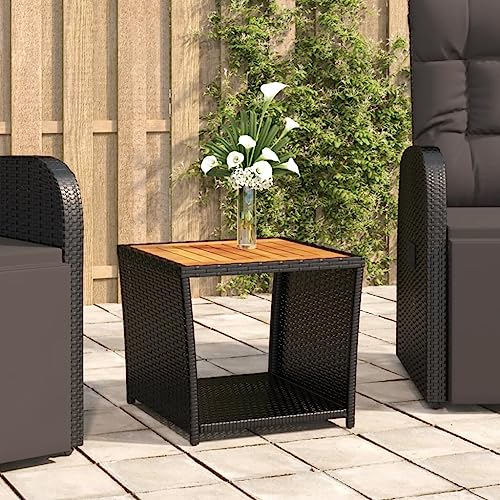 UTSRABFA Lounge Tisch Outdoor Rasen Tische Campingtisch Gartentisch Beistelltisch mit Holzplatte Schwarz Poly Rattan & Akazienholz Geeignet für Rasenflächen, Außenbereiche, Balkone, Terrassen von UTSRABFA