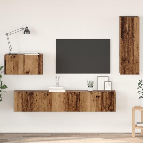 UTSRABFA Wand TV Schrank 4 pcs Altes Holz Mittel Furnierspanplatte Modulares Wandregal mit rustikalem Holzfinish für stilvolle Aufbewahrung UTSRABFA Wand TV Schrank 4 pcs Altes Holz Mittel Furnierspanplatte Modulares Wandregal mit rustikalem Holzfinish für stilvolle Aufbewahrung von UTSRABFA