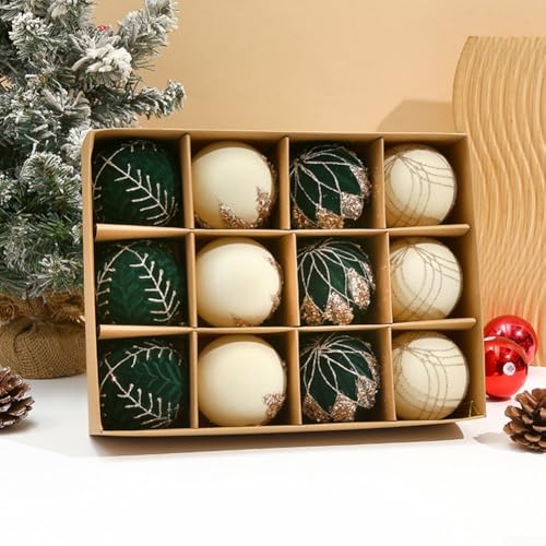 12 Samt-Weihnachtskugeln mit beflockter Textur und hängenden Seilen, geeignet für Baum, Wand, Tür und Fenster für Urlaubsdekoration (grün und weiß) von UTTASU