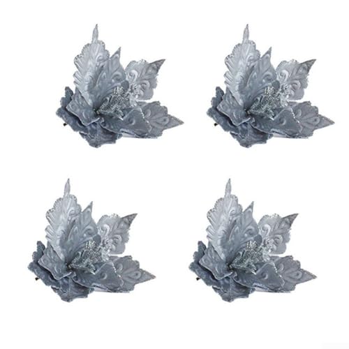 4 Stück Wiederverwendbare Weihnachten Hängende Blumen für Baumschmuck Tuch Wasserdicht und Wetterfest Künstliche Blumen Perfekt für Feiertagsfeiern (Grau) von UTTASU