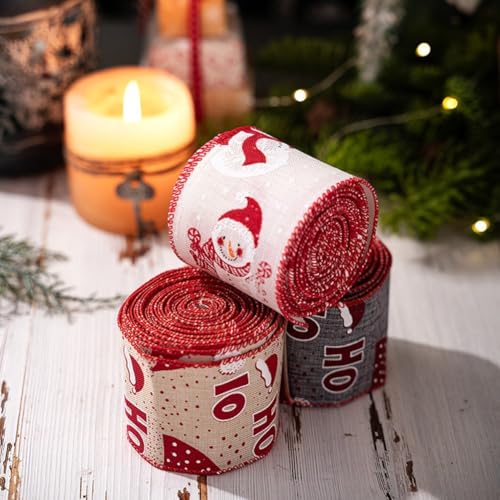 Festlich bedrucktes Weihnachtsband mit Draht und Leinenmaterial, zum Dekorieren für Blumengirlanden, Weihnachtsbäume, Kränze und Feiertags-DIY-Projekte, mehrere Rollengrößen (weiß) von UTTASU