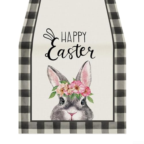 Festlicher Leinen-Tischläufer für Ostern, mit buntem Hasen-Druck, ideal für Feiertage und Versammlungen (4) von UTTASU