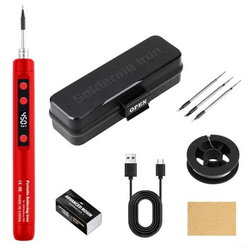 Kabelloses USB wiederaufladbares Lötkolben-Set mit LCD-Display, 180 °C bis 450 °C einstellbare Temperatur, 3 Spitzen, Lötdraht und Paste für Elektronik-Reparatur und DIY-Projekte (rot) von UTTASU