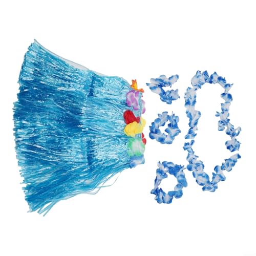 Kinder Hawaii-Grasrock mit Blumengirlande und Armbändern für Sommerpartys, Festivals, Karneval und Kostümkleidung (Blau) von UTTASU