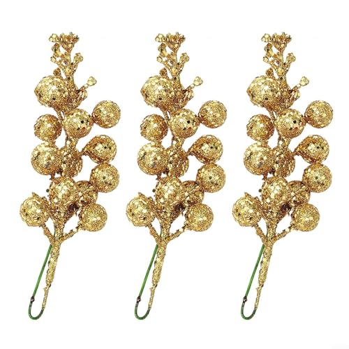 Künstliche Weihnachtsbeerenstiele mit funkelnder Glitzerbeschichtung und biegbarem Draht für DIY Baum und Kranz Dekoration in festlichen Wohnumgebungen (Gold) von UTTASU