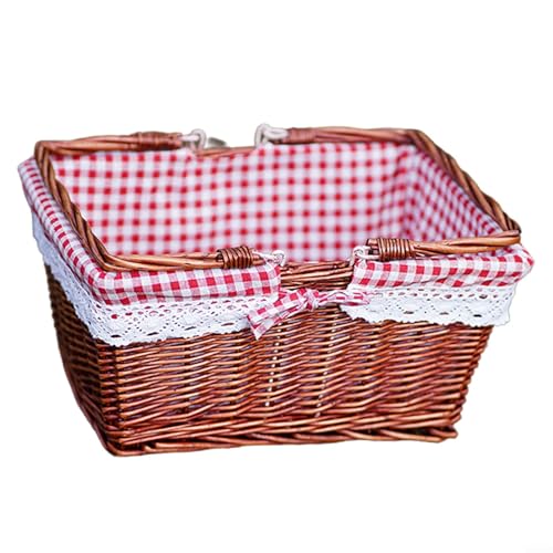 Picknickkorb aus geflochtenem Weidenholz mit Baumwollfutter, perfekter Begleiter für Familienpicknicks (rotbrauner Korb + rot karierter Stoff) von UTTASU