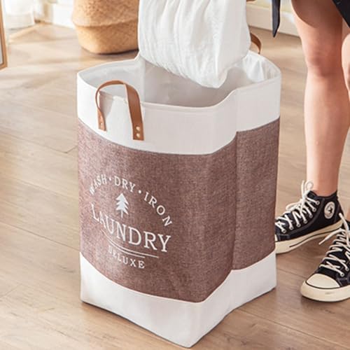 Schlankes Design, zusammenklappbarer Wäschekorb mit starken Ledergriffen, perfekte Ergänzung für Ihre Heimdekoration (braun) von UTTASU