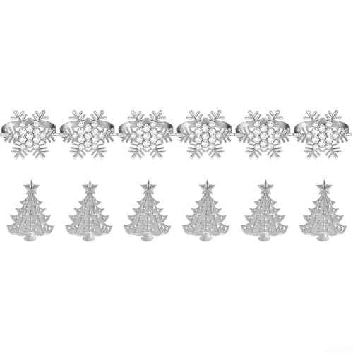 Set mit 12 Serviettenringen mit Schneeflocken- und Weihnachtsbaummustern für saisonale Tischdekoration und Feiertagsfeiern (Silber) von UTTASU
