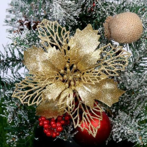 Set mit 15 künstlichen Glitzer-Blumen-Baumdekorationen zum Aufhängen von Weihnachtsbaum, geeignet für Party, Hochzeit, Haus und Garten Baumschmuck (Gold 5 Stück) von UTTASU