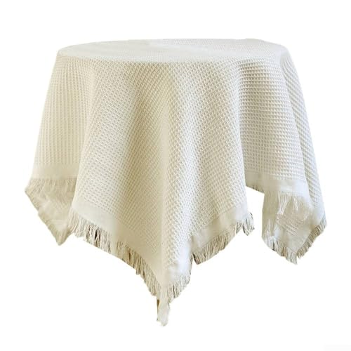 Traditionelle runde Tischdecke aus Leinen-Baumwolle, elegantes Quasten-Design, perfekt für Veranstaltungen im Innen- und Außenbereich (cremefarben) von UTTASU