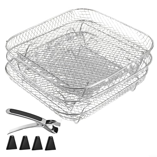 UTTASU 3-lagiges stapelbares Gitterkorb-Set aus Edelstahl, kompatibel mit Heißluftfritteusen-Dampfgarer, spülmaschinenfest mit Gitter-Design für verbesserte Luftzirkulation (quadratisch) von UTTASU